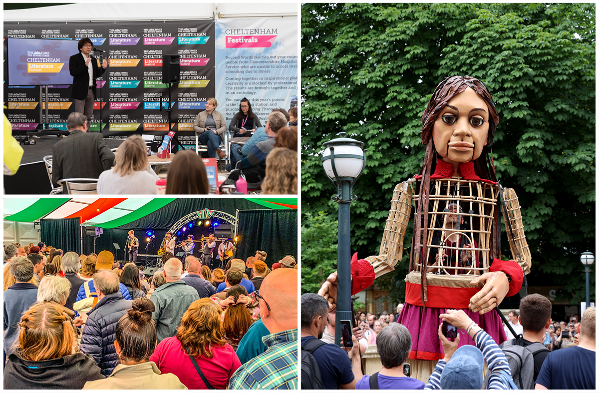 L to R a speaker at Cheltenham Literature festival, crowds watching a bad in a marquee, Little Amal in Cheltenham